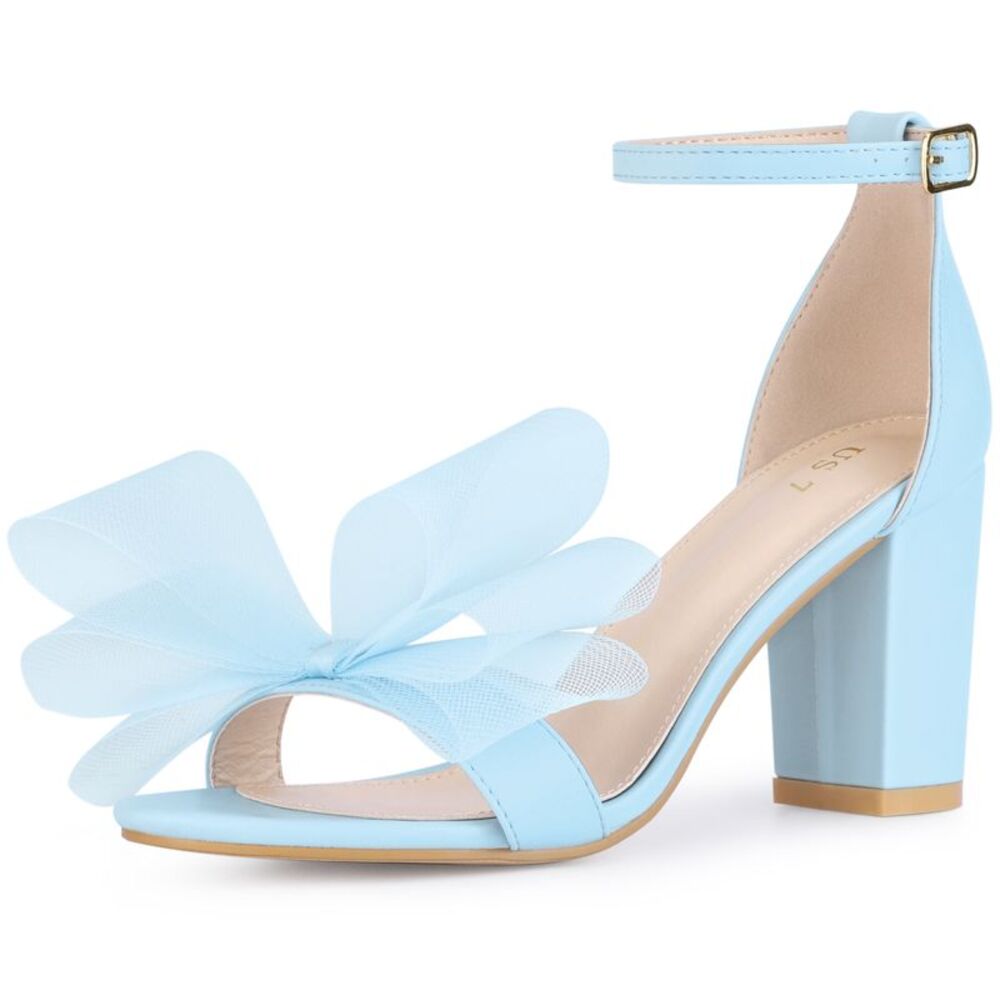 Bow Tie Ankle Strap Chunky High Heels Sandals Sky Blue